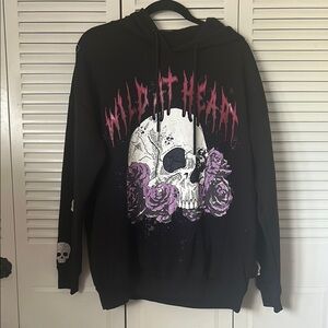 No Boundaries Black Men's Hoodie with Skull and Purple Roses size L